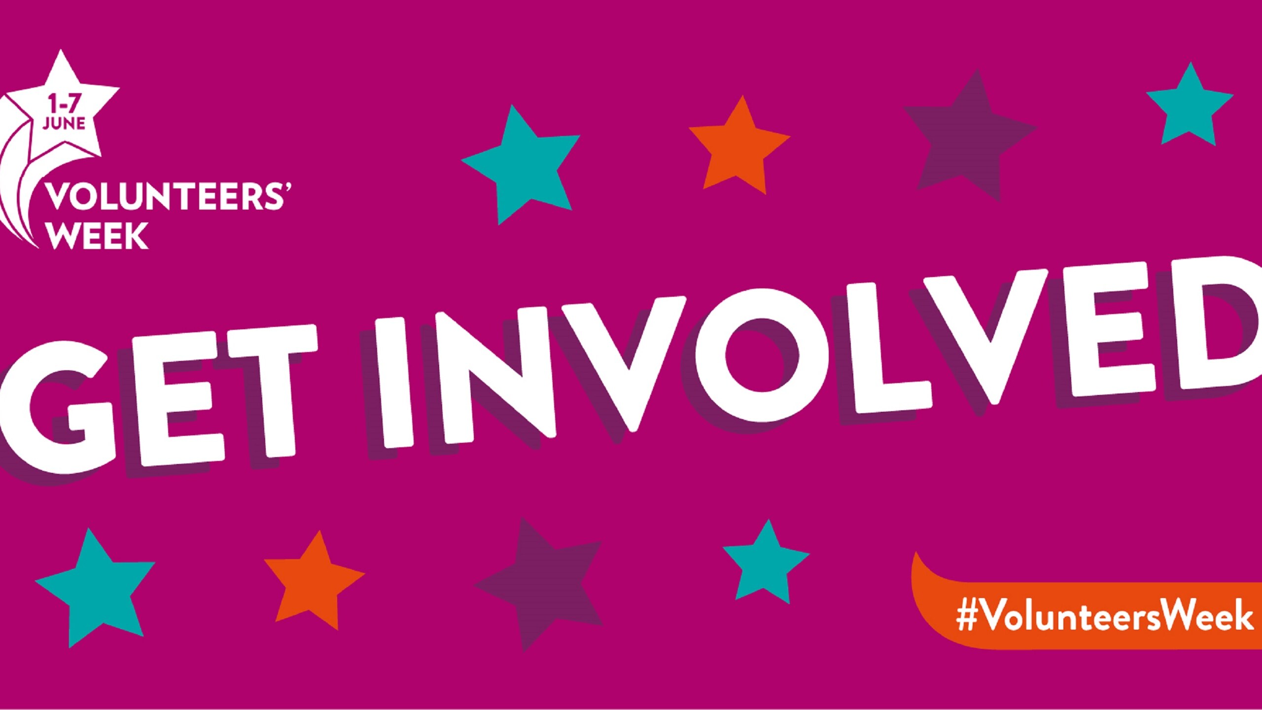 Volunteers Week official banner with logo and hashtag, against a purple background and colourful stars with the word "Get Involved" written across
