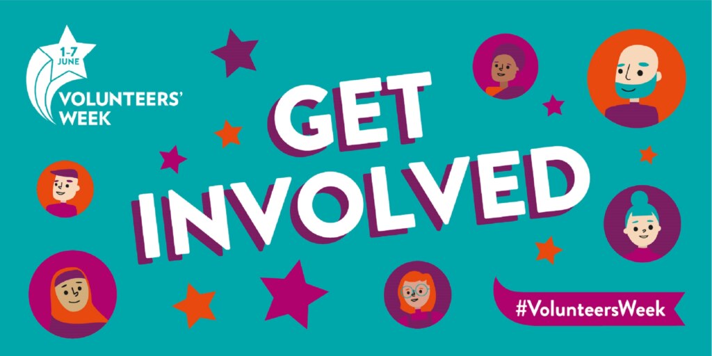 Get Involved Poster from Volunteers Week showing people's faces in bubbles with stars floating against a blue background