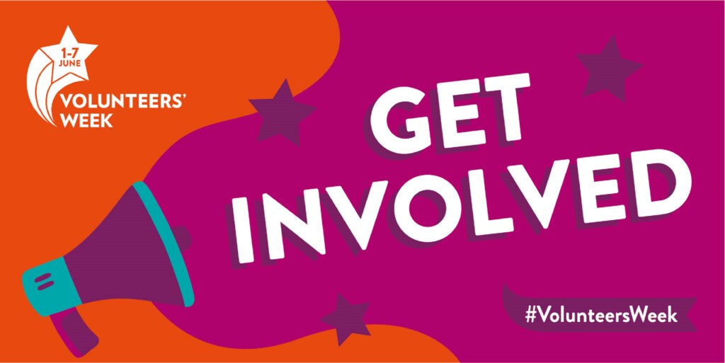 Graphic saying Get involved coming out of a loudspeaker with the Volunteers Week logo