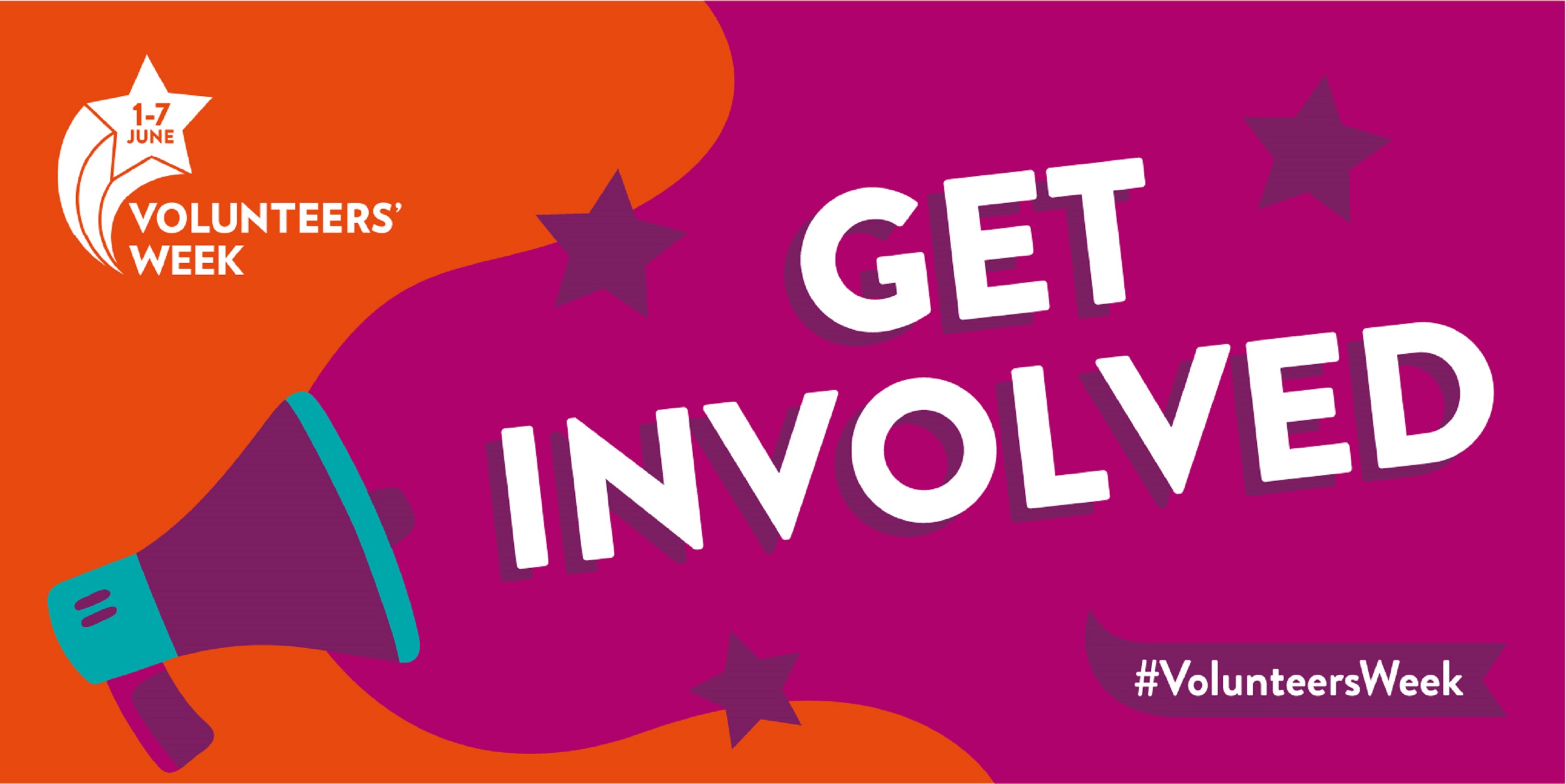 Graphic saying Get involved coming out of a loudspeaker with the Volunteers Week logo