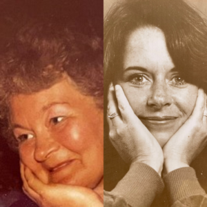 Two portraits side by side. On the left is a portrait of Mary Edwards holding her head in her hand looking to the side and on the right is Frances Jones also holding her head in both hands looking at the camera