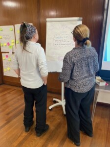 Fi from SCIE is standing facing a white board with an Advisory Group member during our Away Day