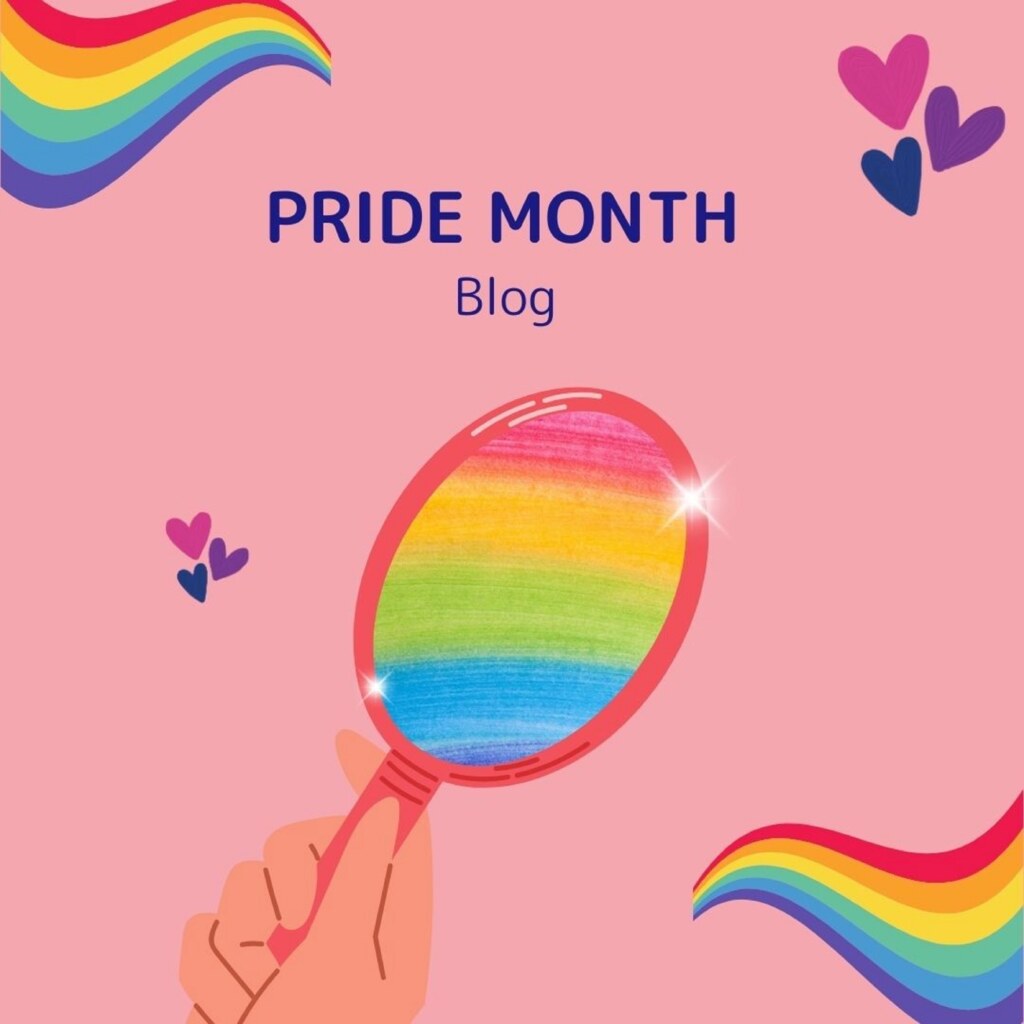 Pink Graphic of a mirror with a rainbow in it and the words Pride Month Blog