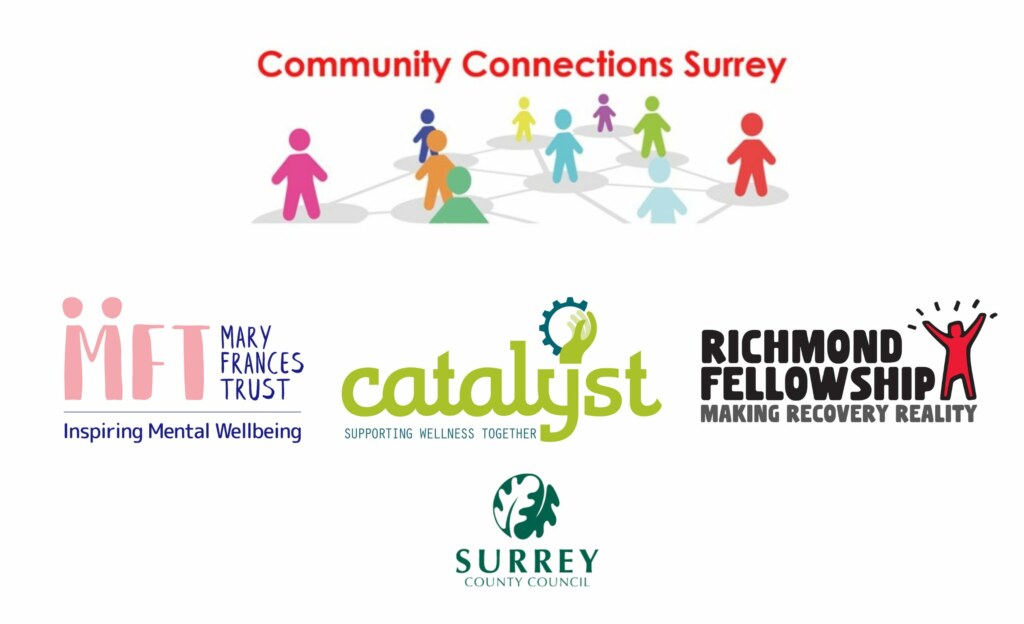 Graphic showing the Community Connections Surrey logo at the top, the logos of the three providers (MFT, Catalyst and Richmond Fellowship) in the middle and the logo of the funders at the bottom: Surrey County Council