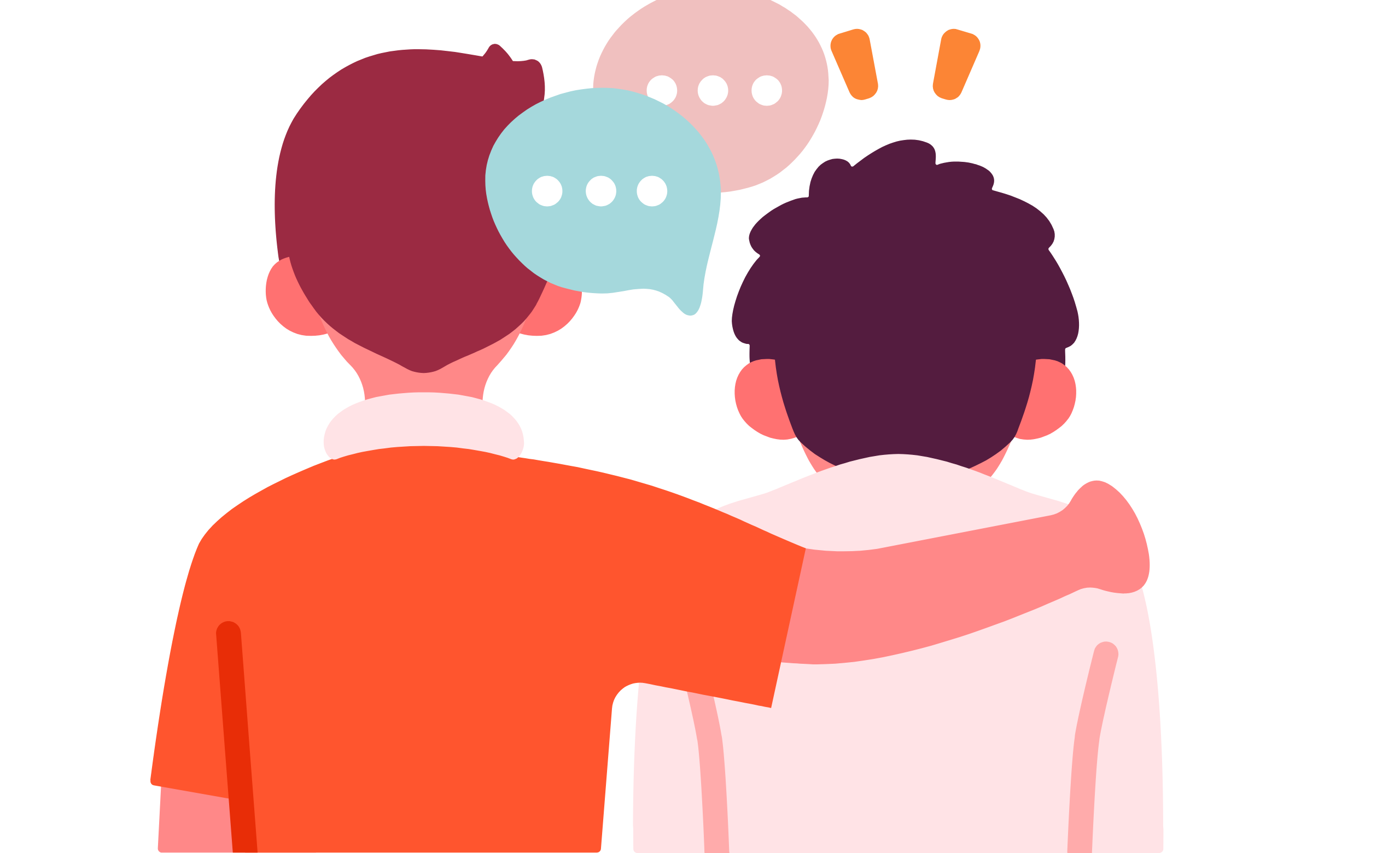 Picture of someone comforting someone else by holding them by the shoulders. Speech bubbles indicate that they are talking and listening to each other.