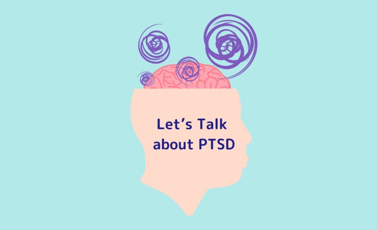 Image of a brain with the words "Let's talk about PTSD"