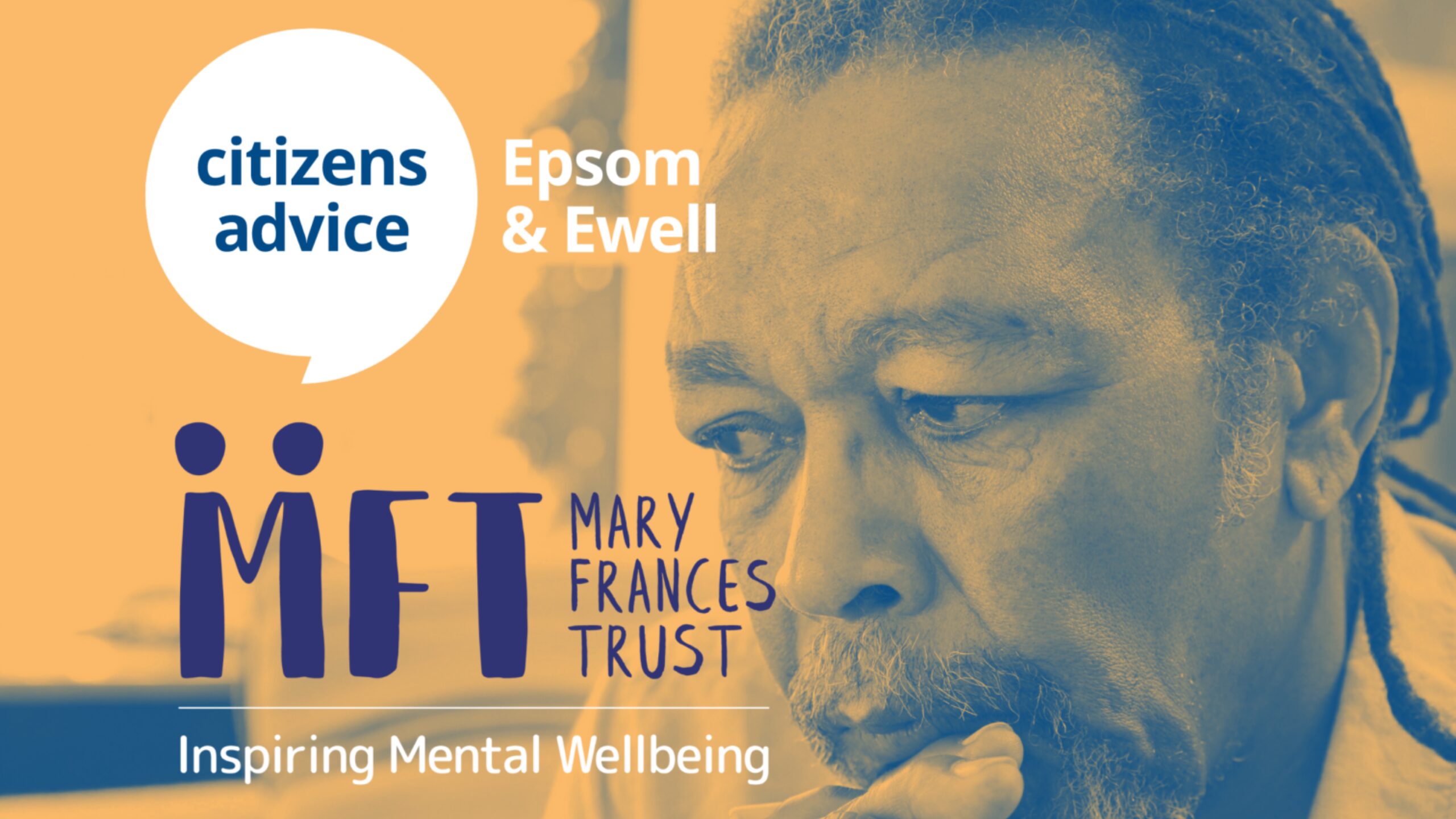 Poster of the Financial and Wellbeing Service showing a man deep in thoughts with the Citizens Advice and MFT logo next to it.