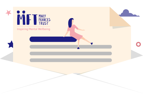Graphic of an envelope opened with MFT newsletter in it and a lady sitting on it