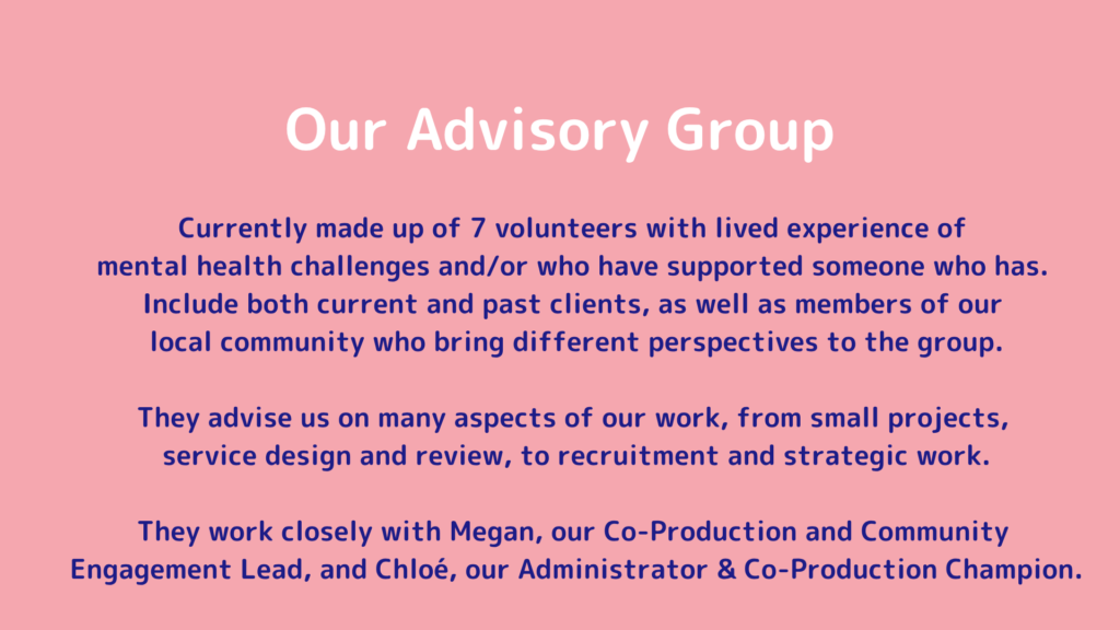 Currently made up of 7 volunteers with lived experience of mental health challenges and/or have supported someone who has. Include both current and past clients, as well as members of our local community who bring different perspectives to the group. They advise us on many aspects of our work, from small projects, service design and review, to recruitment and strategic work. They work closely with Megan, our Co-Production and Community Engagement Lead, and Chloé, Administrator & Co-Production Champion.