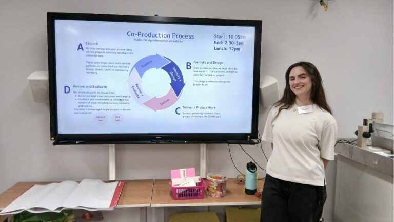 Megan, MFT Co-Production Lead, presenting our Co-Production process at our staff and Trustee workshop